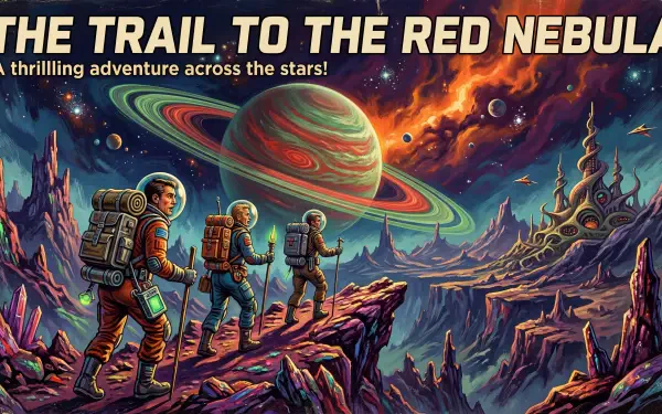 5K Ultra HD PC desktop wallpaper and background: three space-suited hikers stand on a jagged alien ridge gazing at a red-ringed planet and swirling nebula beneath a vivid cosmic sky.
