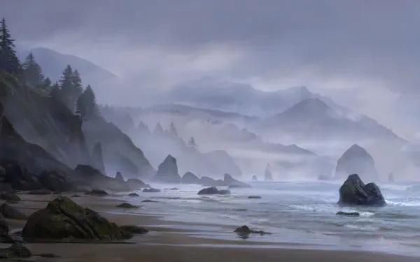 Misty seashore with rocky shoreline, waves and distant pine‑covered cliffs — 4K Ultra HD PC desktop wallpaper and background.