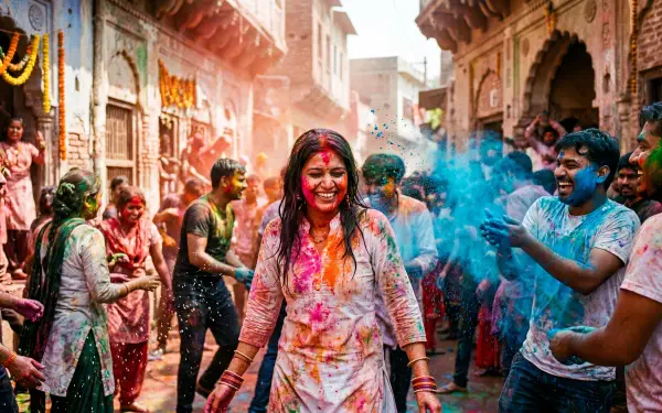 Vibrant Holi celebration: smiling woman and crowds in a narrow street showered with colorful powders — 5K Ultra HD PC desktop wallpaper and background.