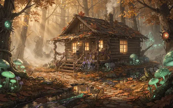 Enchanted autumn forest scene with a rustic cabin, glowing mushrooms and golden sunlight filtering through trees — 4K Ultra HD PC Desktop Wallpaper and Background.