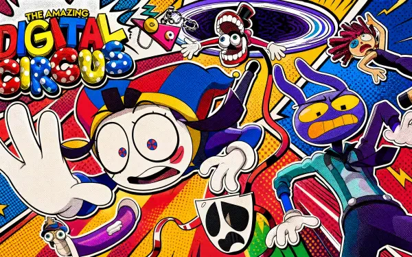 Vibrant pop-art scene of The Amazing Digital Circus characters and logo swirling through neon shapes — colorful, energetic 4K Ultra HD PC desktop wallpaper and background.
