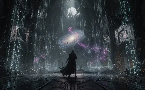 4K Ultra HD PC Desktop Wallpaper and Background: cloaked figure in a vast cyber-cathedral watches a floating galaxy emitting purple energy, framed by towering, code-lit columns.