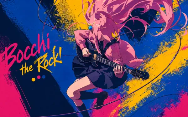Bocchi the Rock! anime 4K Ultra HD PC desktop wallpaper of a pink‑haired guitarist mid-jump, playing an electric guitar against a bold blue, yellow and magenta paint-splash background.