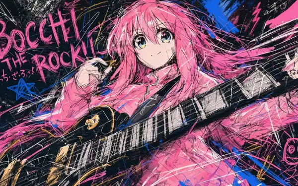 Bocchi the Rock! — pink‑haired guitarist in dynamic sketch art, electric guitar and energetic neon strokes; 4K Ultra HD PC desktop wallpaper and background.