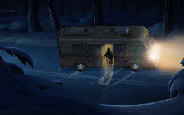 Rick and Morty season 9 HD PC desktop wallpaper: RV parked in a snowy forest at night, headlights blazing as a ghostly figure steps out of the open door.