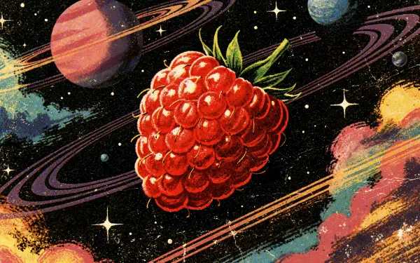 Vibrant retro-style illustration of a giant raspberry drifting among ringed planets and colorful nebulae — 4K Ultra HD PC desktop wallpaper and background.
