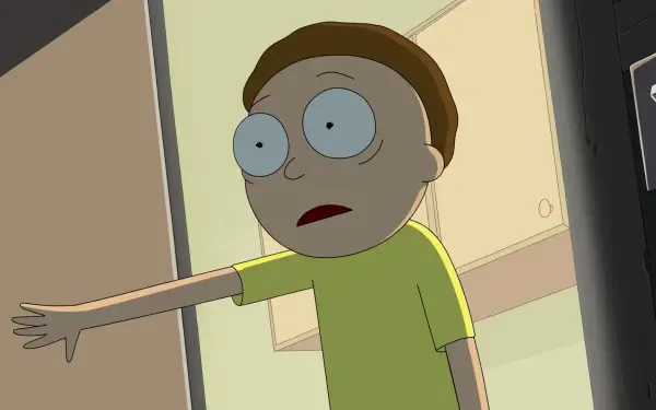 Rick and Morty TV show Season 9 HD PC wallpaper: Morty at a doorway, arm outstretched, wide-eyed.