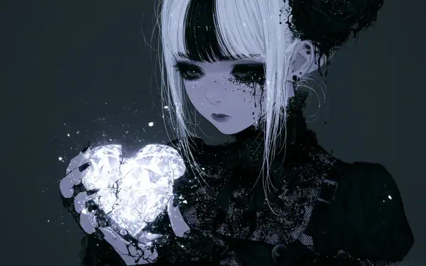 Goth girl in dark attire holding a glowing shattered crystal heart against a moody background — 2K Quad HD PC desktop wallpaper and background