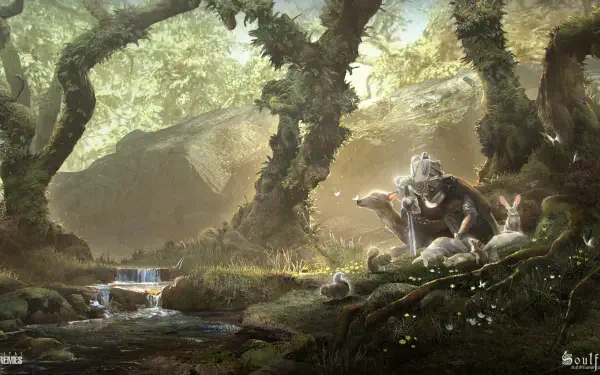 Soulframe video game 4K Ultra HD PC wallpaper: an armored figure kneels beside a sunlit forest stream, surrounded by rabbits and mossy, ancient trees.
