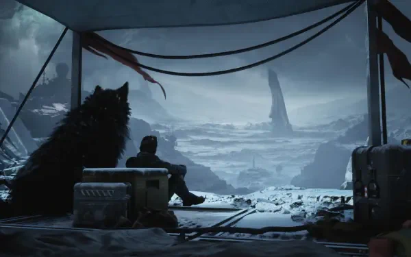 HD PC desktop wallpaper from the video game Exodus (2027): a lone survivor and wolf sit in a ruined shelter, gazing across a snowy wasteland toward a distant monolith.