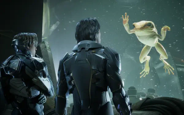 Two armored figures study a hovering alien frog inside a glass chamber — Exodus (2027 video game) 4K Ultra HD PC desktop wallpaper and background.