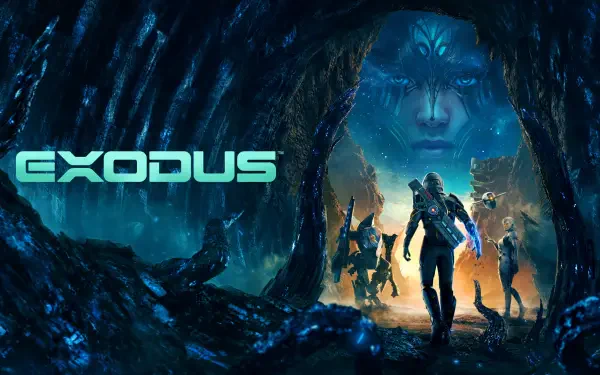 4K Ultra HD PC desktop wallpaper for the video game Exodus (2027): armored protagonist and allies emerge from a glowing cavern toward a giant spectral face in a blue sci‑fi landscape.