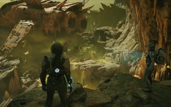 HD PC Desktop Wallpaper and Background from Exodus (2027 Video Game): two armored explorers on a rocky alien ridge overlooking a crashed starship in a misty green canyon.