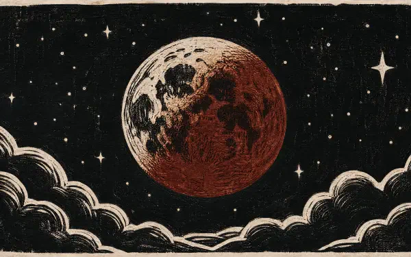 4K Ultra HD PC desktop wallpaper and background: stylized blood-red lunar eclipse over vintage clouds against a starry black sky.