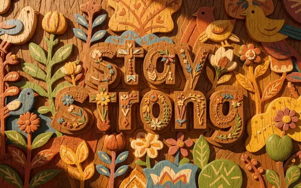 4K Ultra HD PC desktop wallpaper background: carved wooden folk-art panel with colorful flowers, birds and leaves forming the words stay strong.