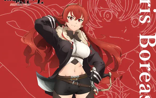 Anime 2K Quad HD wallpaper of Eris Boreas Greyrat from Mushoku Tensei: Jobless Reincarnation — red-haired swordswoman in black jacket and shorts, confident pose against a stylized red backdrop.