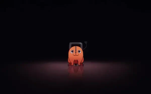 Pochita from Chainsaw Man — small orange chainsaw-dog with wide eyes, centered on a glossy floor under a spotlight; minimalist anime 4K Ultra HD PC desktop wallpaper