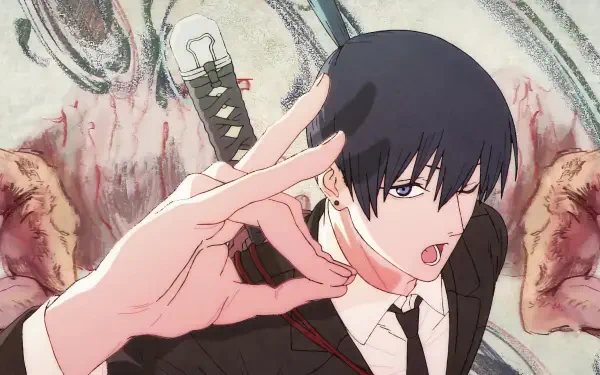 Anime Chainsaw Man — Aki Hayakawa in a suit with katana, making a hand gesture against a swirling, blood-streaked backdrop. 4K Ultra HD PC desktop wallpaper/background.