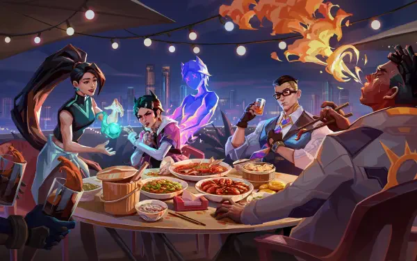 Valorant 4K Ultra HD PC desktop wallpaper and background: Phoenix, Sage, Clove and Chamber share a lively rooftop feast under string lights, flames and glowing magic.