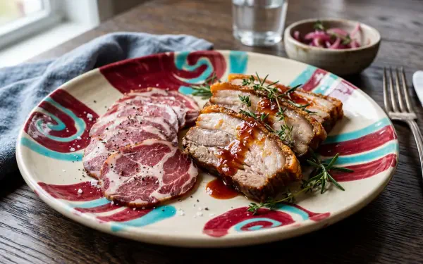 5K Ultra HD PC desktop wallpaper: close-up of sliced roasted pork loin with glaze and cured pork on a colorful plate, rosemary garnish and pickled onions on a wooden table.