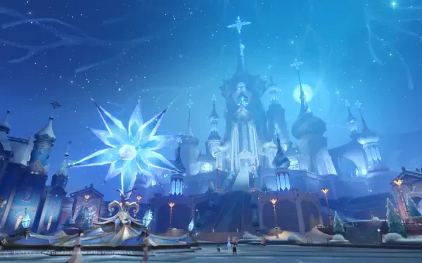 Genshin Impact Luna VIII video game HD PC desktop background: moonlit crystalline palace and frozen plaza beneath a glowing ice star in a blue night sky.