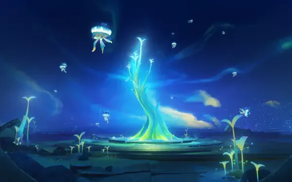 4K Ultra HD PC desktop wallpaper of the video game Genshin Impact (Luna VIII): a glowing cyan tree rising from a luminous pool beneath a starry blue sky with floating jellyfish-like lights.