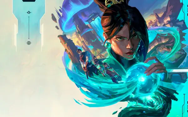 4K Ultra HD Valorant wallpaper featuring Sage, Iso, Reyna and Miks in a dynamic blue-green energy swirl, characters poised for battle on a stylized PC desktop background.