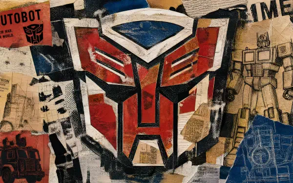 Graffiti-style Autobot emblem in red, white and blue layered over vintage blueprints and newsprint — 4K Ultra HD PC desktop wallpaper and background.