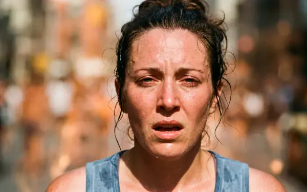 5K Ultra HD PC desktop wallpaper: close-up of a sweating woman with flushed face and damp hair in a heatwave, blurred city background.