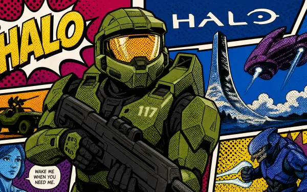 Vibrant Halo 4K Ultra HD PC desktop wallpaper: comic-style Master Chief in green armor holding a rifle, with a ringworld, Covenant ship and pop-art panels.