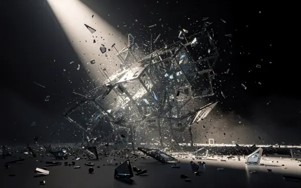 4K Ultra HD PC desktop wallpaper and background of a shattered glass cube exploding into shards under a single spotlight — falling apart, fragments scattering across a dark floor.