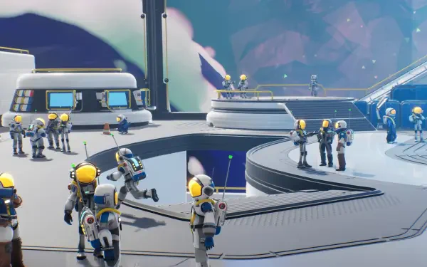 HD PC desktop wallpaper of the video game Starseeker: Astroneer Expeditions — yellow‑helmeted astronauts gather on circular platforms of a futuristic space base under an alien, starry sky.