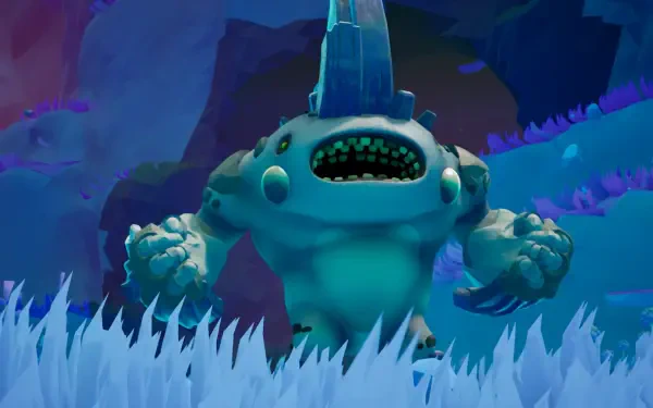 HD PC desktop wallpaper: glowing blue alien brute charging through bioluminescent grasses — video game Starseeker: Astroneer Expeditions background
