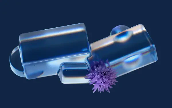Microsoft Opaline 4K Ultra HD PC desktop wallpaper: translucent opaline glass blocks with iridescent blue reflections and a small purple spiky flower on a deep navy background.