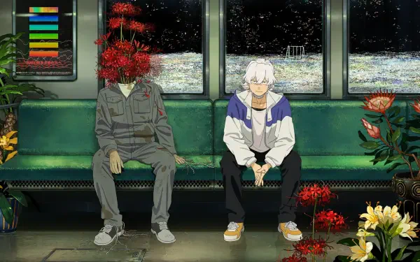 Anime HD PC desktop wallpaper background — Fool Night: a white-haired teen and a red-spider-lily-headed companion sit on a night subway bench, moonlit waterfront visible through the windows.