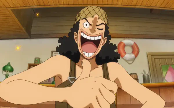 HD PC desktop wallpaper: Anime Usopp (One Piece / The One Piece) grinning broadly and giving a thumbs-up inside a cozy ship cabin, bright colors and a life preserver in the background.