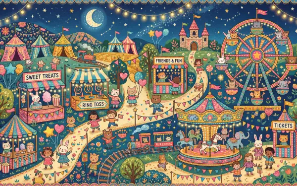 5K Ultra HD PC desktop wallpaper and background: whimsical nighttime fair with Ferris wheel, carousel, game booths, colorful tents and string lights under a crescent moon, cute characters.
