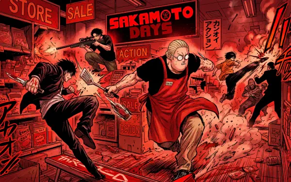 High-contrast red 5K Ultra HD PC desktop wallpaper of Sakamoto Days: apron-clad Sakamoto sprinting through a chaotic neon store brawl as masked assailants leap and debris flies.