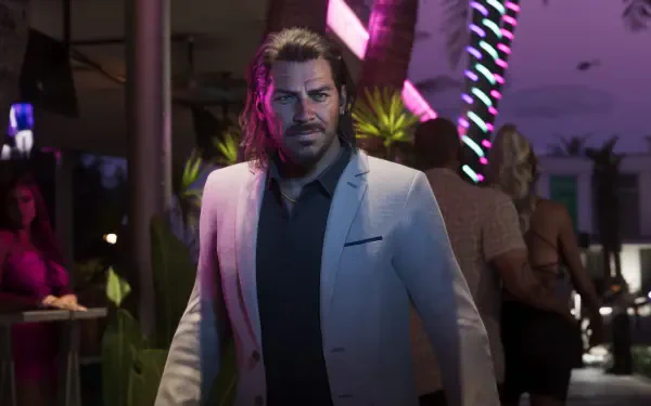 Raul Bautista from Grand Theft Auto VI in a neon-lit club, video game 4K Ultra HD PC desktop wallpaper showing the character in a white suit with a determined expression.