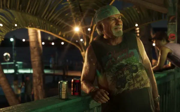 4K Ultra HD PC desktop wallpaper — Grand Theft Auto VI scene: bearded man in a bandana leans on a palm-fringed balcony at night, neon lights and drink cans on the railing.