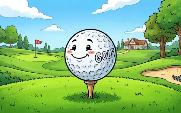Cartoon smiling golf ball on a tee before a sunny golf course with clubhouse, flag and sand trap — 5K Ultra HD PC desktop wallpaper and background.