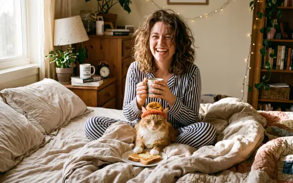 Cozy morning 5K Ultra HD PC desktop wallpaper: smiling person in striped pajamas on a rumpled bed, holding a mug while a ginger cat in a tiny hat sits on their lap in warm sunlight.