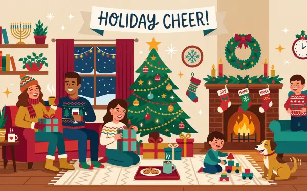 Festive living room scene with family, decorated Christmas tree, stockings by a fireplace, menorah and wreath; playful dog. 5K Ultra HD PC desktop wallpaper background conveying holiday cheer.