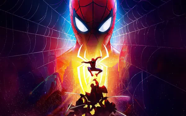 4K Ultra HD PC desktop wallpaper featuring Spider-Man: Brand New Day — glowing mask, silhouetted web-swinger and giant spider emblem amid neon city and web.