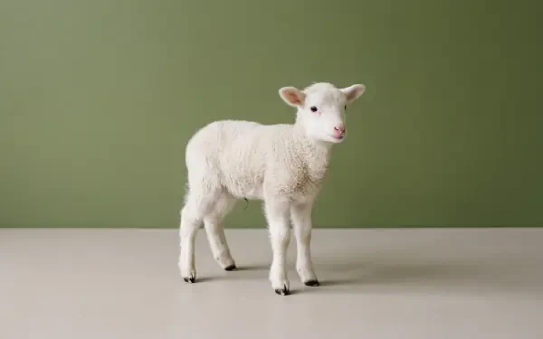 5K Ultra HD PC desktop wallpaper: a white lamb standing on a pale floor against an olive-green background.