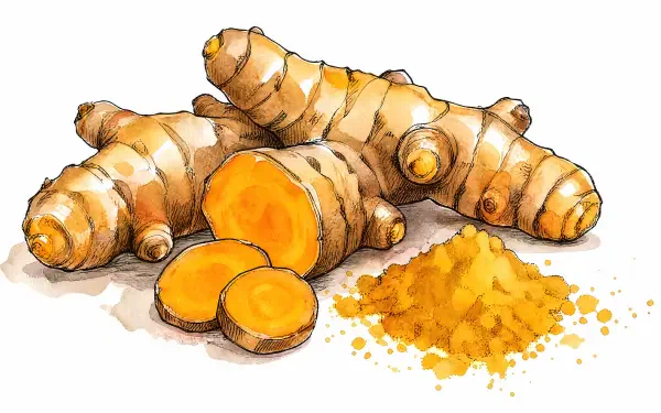 4K Ultra HD PC desktop wallpaper and background: watercolor-style illustration of turmeric roots, sliced rounds and a pile of bright orange turmeric powder on white.