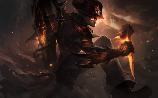 Locke (League of Legends) 4K Ultra HD PC desktop wallpaper and background — shadowy armored warrior wielding flaming blades amid a smoky, ember-lit battlefield.