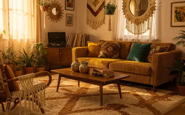 Boho interior living room with mustard sofa, macramé wall hangings, rattan chair, plants and mid-century coffee table — 4K Ultra HD PC Desktop Wallpaper and Background.