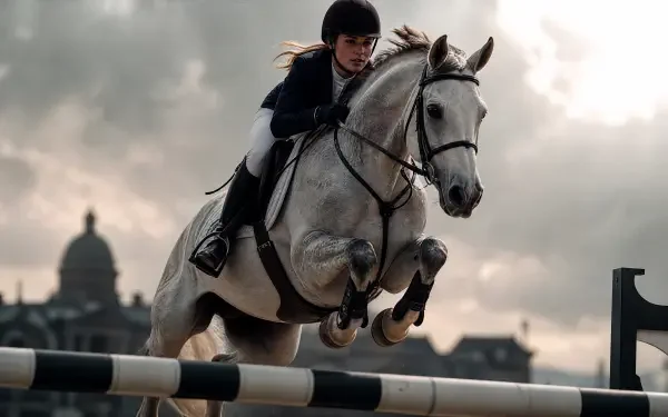 Equestrian 4K Ultra HD PC desktop wallpaper and background: rider on a white horse clearing a show jump against a dramatic, cloudy skyline.