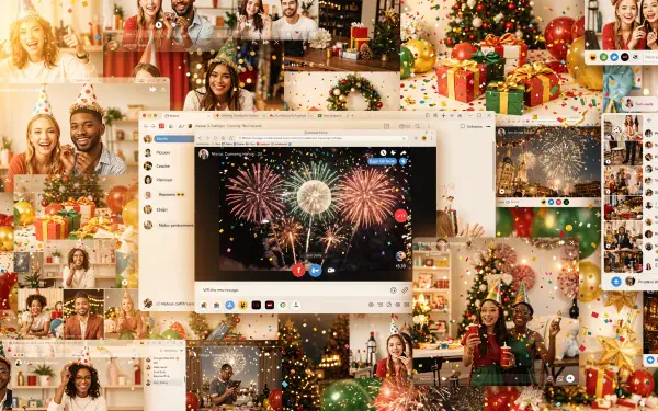 Festive 4K Ultra HD PC desktop wallpaper and background: collage of smiling people on holiday video calls, Christmas trees, gifts and fireworks in layered browser windows.